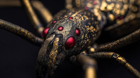 This detailed image features an insect, displaying intricate body patterns and coloration. The composition highlights the creature's eyes and textured surface. The image uses a close-up perspective and soft lighting, and it could be used for scientific, educational, or creative projects.の素材