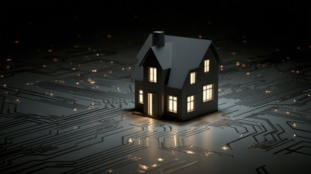 A small house model glows against a dark background, sitting atop a detailed circuit board design. The image showcases a digital concept with soft lighting highlighting the structure. It could be used in projects related to data, innovation, property, or architectural visualization and is appropriate for various commercial applications.の素材