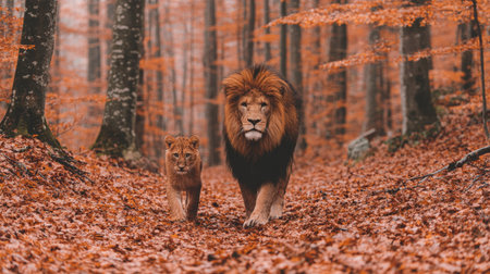 Two lions traverse a forest floor blanketed in reddish-brown leaves. The image presents warm tones with depth created by the trees and lighting. The lions appear in a moment of motion. This image would be suitable for editorial and commercial applications.の素材