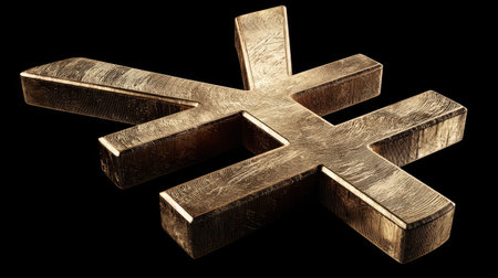 A close-up view presents a golden metallic Yen symbol isolated against a dark backdrop. The composition features strong lighting that highlights the textured surface and dimensional form of the object. The image may be suitable for financial articles, business presentations, or thematic advertising campaigns within economic sectors.の素材