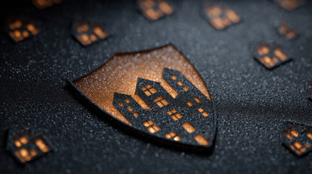 A close-up view presents a shield-shaped object featuring a cut-out house silhouette. The object exhibits a dark brown color with lighter highlights. Surrounding elements, also house-shaped, are scattered across a textured black surface. This artistic composition suggests creative design potential, suitable for visual media and design projects.の素材