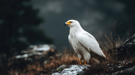 A striking white bird with yellow beak and eye sits atop a rocky area, set against a dark, blurred background. The image exhibits natural tones, with a focus on texture and detail. This image could be suitable for various uses, including editorial and commercial projects.の素材