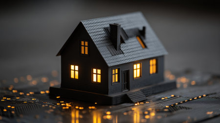 A miniature house, predominantly black, features illuminated windows and a chimney, set against a dark, textured background. The composition highlights the small home, creating a warm contrast with the bright interior lights. The image suggests concepts suitable for property, financial, or lifestyle themes.の素材