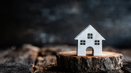 A small white house model sits on a tree stump, with a dark, textured background. The scene features a shallow depth of field, highlighting the house. Natural lighting illuminates the composition, emphasizing the wood's texture. Suitable for diverse editorial and commercial applications.の素材