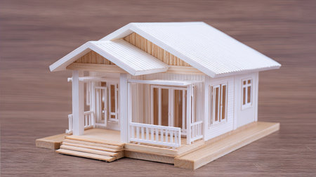 A small white house model rests on a wooden surface, showcasing architectural details. The miniature structure features a pitched roof, windows, and a porch. The image uses natural light and a shallow depth of field. Suitable for illustrating real estate, construction, or home design concepts, and for use in marketing materials.の素材
