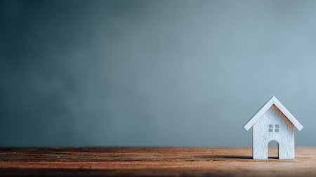 A small white house model sits on a wooden surface against a muted gray backdrop. The image features soft lighting and a simple composition, highlighting the miniature structure. This visual could be used in various commercial applications, such as real estate marketing, financial services, or general design projects.の素材