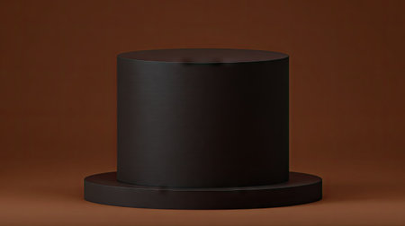 A 3D rendered image features a black cylinder pedestal against a brown backdrop. The composition showcases clean lines and a simple, modern aesthetic, emphasizing the object's form. The lighting appears soft, highlighting textures. Suitable for product presentations, advertisements, and various design projects.の素材