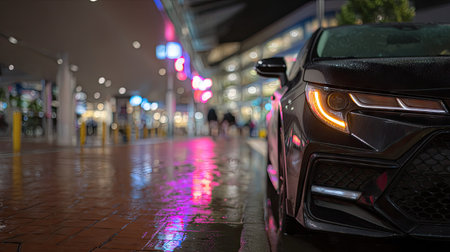 A contemporary black vehicle is showcased, illuminated by the vibrant, blurred lights of a city environment. The image displays the vehicle's front quarter, with its headlights glowing. Wet pavement reflects the ambient neon hues. This scene might be used to depict urban transport or nighttime city life.の素材