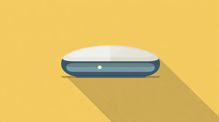 This graphic showcases a stylized, rounded rectangular object, featuring a white top and blue body, with a subtle shadow. The object is set against a yellow background, providing contrast. The minimalist design and flat style suggest various applications such as illustrations or conceptual design for commercial projects.の素材
