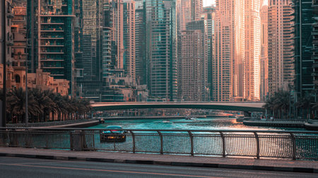 The image captures a cityscape featuring numerous towering buildings along a waterfront. The scene displays a bridge over water and palm trees. The composition includes a road in the foreground. This visual could be used for architectural concepts, urban development themes, or general commercial projects.の素材