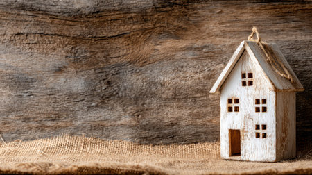 A small, white house model rests against a backdrop of textured wood and burlap. The composition features soft lighting and a neutral color palette. This image conveys a sense of simplicity and warmth, suitable for various commercial uses, including real estate and design concepts.の素材