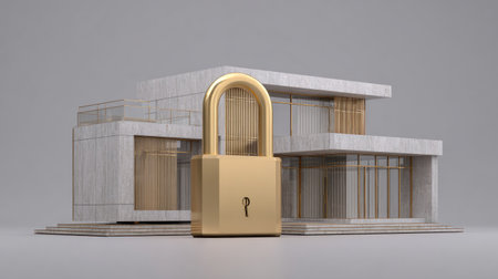 A contemporary structure, rendered with architectural precision, features a large gold padlock prominently placed in the foreground. The image uses a minimalist style with soft lighting and neutral tones creating a clean visual. Suitable for applications representing security, property, or home ownership, the illustration provides versatility.の素材