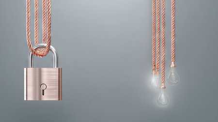 A close-up captures a shiny padlock hanging from ropes on a gray background. The metallic object contrasts with the textured ropes. The lighting highlights the padlockの素材