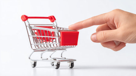 A miniature shopping cart is shown with a hand touching it on a clean white backdrop. The cart has a metallic and red color scheme. The composition uses even lighting, showcasing the details of the object. This image is suitable for concepts related to shopping, online commerce, and consumerism in diverse visual communications.の素材