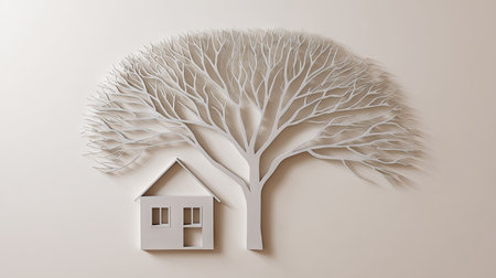 A close-up view depicts a paper-crafted house beside a tree. Both are rendered in white, showcasing intricate details. The artwork features a smooth, matte finish with soft, diffused lighting, set against a plain backdrop. Suitable for various design projects and could be used for conceptual illustration.の素材