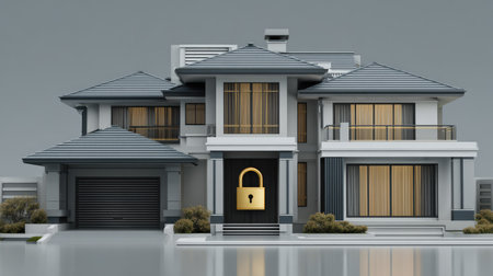 A modern house, the main subject, features a prominent golden lock symbol. The image displays a contemporary architectural style with neutral colors and detailed facade. The composition is balanced and well-lit, suggesting a focus on security and the concept of protecting property. Suitable for various commercial and conceptual applications.の素材