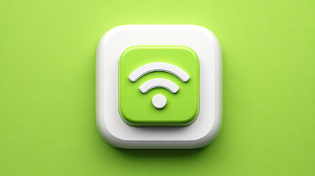 A vibrant image presents a three-dimensional wireless internet symbol. The design features a white square frame with a rounded edge and a green inner square. This composition emphasizes the central icon, set against a solid green background. Suitable for digital interfaces, the graphic suits various applications.の素材