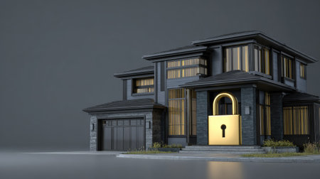 A contemporary house design is depicted featuring a large golden padlock prominently displayed on the front entrance, symbolizing protection. The image showcases a sleek architectural style with dark colors. The composition focuses on the concept of home security. Suitable for diverse applications, including advertising and editorial content relating to property.の素材