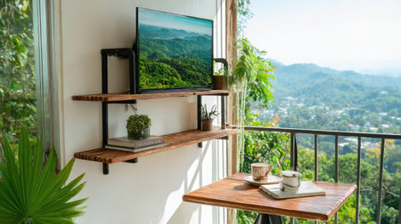 A stylish balcony features a television mounted on wooden shelves with a table set for two. The scene is bathed in natural light, showcasing the lush green scenery of a mountainous landscape. This image is suitable for use in architectural, lifestyle, or travel-related promotional materials.の素材