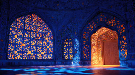 An interior space features arched doorways and patterned windows emitting a warm glow, contrasting with cool blue tones. The composition employs overhead lighting and detailed textures creating a visually compelling scene. Suitable for a variety of creative projects, this image offers potential for diverse commercial and editorial purposes.の素材