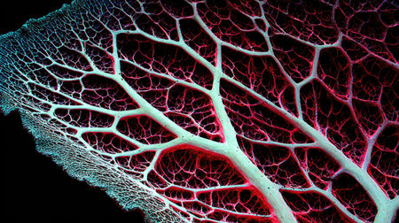 This macro photograph reveals a complex network of veins, showcasing a blend of white and red hues. The detailed pattern, set against a dark backdrop, creates a striking visual contrast. This image could be used in various applications, including scientific illustrations, educational materials, and abstract design projects.の素材