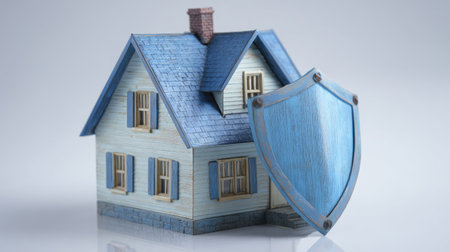 A small house model is depicted with a protective shield, set against a neutral background. The visual presents a clear, illustrative style emphasizing safety and security, possibly representing property insurance or home protection. The composition uses soft lighting and a reflective surface, suitable for commercial applications related to real estate or financial services.の素材