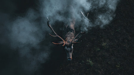 An aerial perspective showcases a deer emerging from smoky atmosphere. The composition features a dark, mysterious aesthetic with the animalの素材