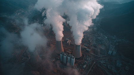 An aerial view shows industrial smokestacks releasing large plumes of white steam into an overcast sky. The image features a cool color palette with muted tones. The composition highlights the structures against a blurred backdrop, suitable for illustrating environmental themes and industrial concepts.の素材