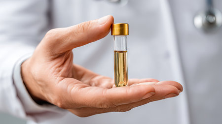 A medical professional's hand delicately holds a small vial filled with a clear liquid. The image showcases a close-up perspective with a blurred background suggesting a clinical setting. The sample within the vial appears golden. It is a suitable visual for medical, scientific, or research applications.の素材