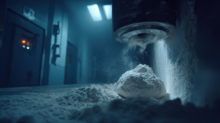 An industrial scene presents a mass of powder beneath machinery, lit by strong overhead illumination. The composition emphasizes the texture of the powder. The setting is a dimly lit interior space with a cool color palette. It may serve commercial or editorial purposes, conveying technology or manufacturing themes.の素材