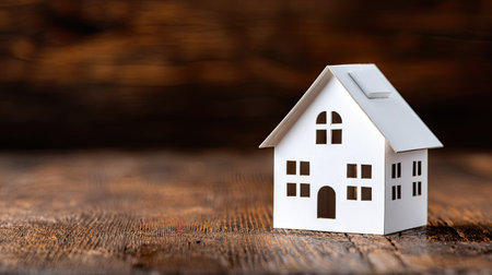 A small white house model sits on a wooden surface, showcasing architectural details. The image features warm lighting and a shallow depth of field, emphasizing the house against a blurred background. Suitable for real estate, financial concepts, or illustrating concepts of home ownership. The composition includes ample copy space.の素材