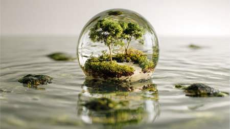 A close-up shot presents a small tree encapsulated within a clear water droplet. The image displays the tree's green foliage and surrounding moss. The composition uses shallow depth of field, with soft lighting and blurred elements creating a dreamlike quality. Suitable for artistic concepts and nature-related projects.の素材