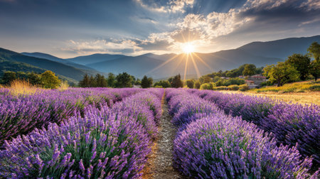 A field of purple lavender flowers stretches towards a horizon of rolling hills and mountains, bathed in the warm glow of sunset. The image displays natural colors, with a bright sun creating a starburst effect. This could be used for various commercial projects related to nature or travel.の素材