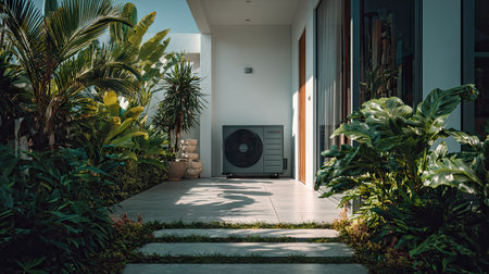 An outdoor scene showcases a modern heat pump installation beside a pathway framed by tropical foliage. The composition features soft daylight casting shadows, highlighting the architectural elements. The image provides copy space and lends itself to applications promoting home improvement, environmental solutions, and sustainable living concepts.の素材