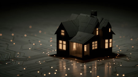 A small house model glows from within, set on a detailed circuit board. The dark scene is lit by interior lights and bokeh effects. The composition displays a modern architectural concept possibly related to digital infrastructure. It might be used for projects about smart homes or the internet.の素材