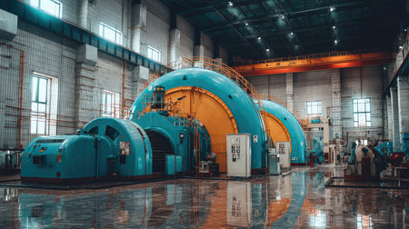 A view of substantial energy generation machinery installed within an expansive industrial building. The image presents vibrant blue and yellow equipment against a backdrop of concrete structures. The scene suggests a daytime setting, with a focus on engineering. It can be used for various purposes like illustrating energy production and industrial technology.の素材