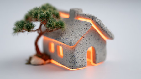 A miniature stone house is shown, with a small tree growing beside it. The house features glowing windows and roof edges. The neutral-toned environment is bright with soft lighting. This image is suitable for various commercial purposes, including product illustrations and conceptual designs.の素材