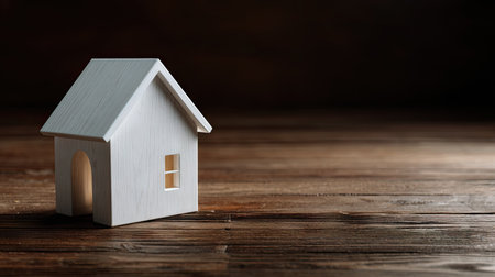 A small white house model sits on a wooden surface with warm interior lighting emanating from its windows and door. The image displays a selective focus on the house with a dark background. The scene suggests concepts of home, real estate, or security, suitable for various editorial and commercial applications.の素材