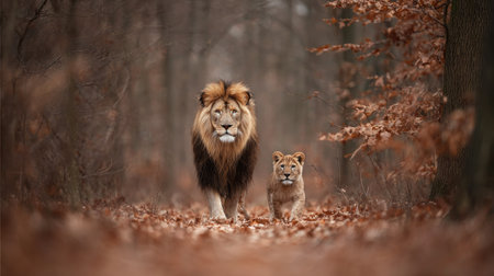 A striking image captures a lion and a cub standing in a forest environment. The composition features soft lighting that casts a warm glow on the subjects. The image employs an artistic style, with an emphasis on natural colors and textures for versatile commercial and editorial applications.の素材