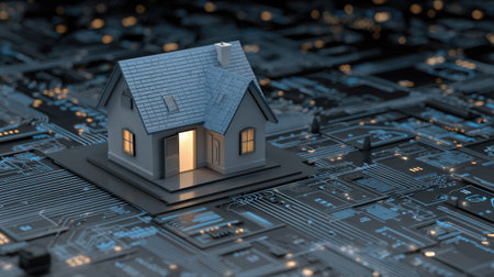 A small house model sits atop a circuit board, illuminated from within. The composition features a shallow depth of field, with soft lighting and a cool color palette. This digital rendering suggests concepts of home automation, technology, and interconnected systems. Suitable for illustrating innovation and future living.の素材