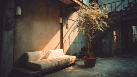 An interior shot showcases a comfortable sofa next to a potted tree, both illuminated by warm sunlight. The scene features a concrete wall, vintage lighting fixtures, and a rustic aesthetic. This image is suitable for various commercial uses, including website design and promotional materials. The lighting creates a cozy and inviting atmosphere.の素材