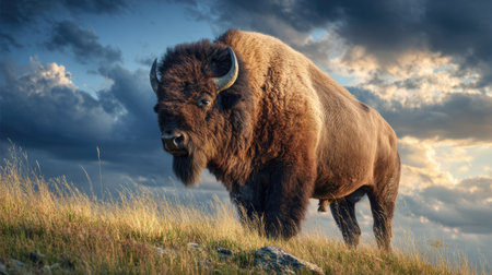 A large bison is the focal point, positioned on a grassy slope with a dynamic sky backdrop. The animal showcases a brown, shaggy coat and impressive horns. The composition employs a balanced arrangement and effective lighting, giving it a powerful presentation. This image is potentially useful for editorial content or illustrative purposes.の素材