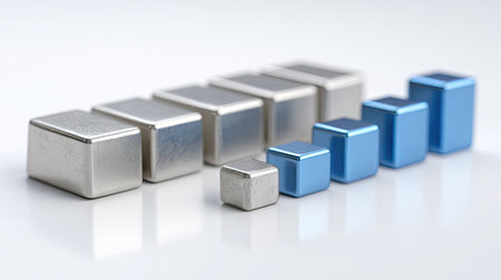 An image displays an assortment of metallic cubes arranged in a linear pattern against a white backdrop. The cubes vary in size and color, transitioning from silver to blue. The composition, lit with soft lighting, may be suitable for illustrating concepts of design, technology, or business in a commercial or editorial context.の素材
