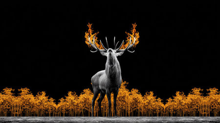 A striking image showcases a deer with flame-like antlers set against a stark black backdrop. The animal appears in grayscale, highlighting its form. A row of golden foliage lines the bottom, adding a touch of warmth to the scene. This composition could be suitable for various creative or illustrative projects.の素材