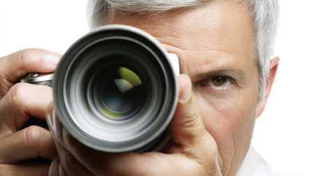 A close-up image portrays a man holding a camera, with the lens prominently featured. The composition showcases details of his face and the camera's body. The lighting is bright and even, highlighting the textures and the camera's design. This image could be used for various commercial or editorial purposes.の素材