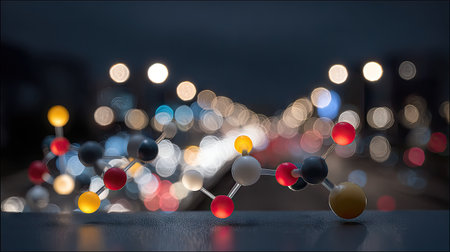 A close-up view depicts a molecular structure model featuring interconnected spheres. The spheres vary in color and size, set against a blurred background of city lights at night. This image showcases scientific concepts with a shallow depth of field, suitable for educational materials or abstract illustrations.の素材