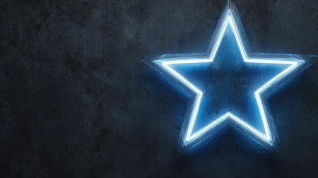 A bright blue neon star illuminates against a dark, textured backdrop. The image features a single star shape emitting a vibrant glow. The composition presents a minimalist design, with space for text or other elements. This could be useful for various design projects or marketing visuals.の素材