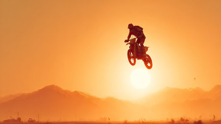 A silhouette of a motorcycle rider is captured mid-air against a brilliant orange sky, likely at sunset. The image displays a sense of freedom and adventure with the rider and the motorcycle as the primary subjects. The composition highlights a landscape with mountains in the background, suggesting an outdoor setting suitable for various editorial and promotional purposes.の素材