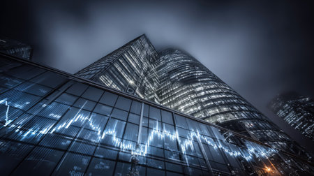 A tall, contemporary skyscraper dominates the scene, its glass facade reflecting an overlay of a digital line graph. The image presents a low-angle perspective, with moody lighting creating a dramatic atmosphere. This scene is likely taken at night. Suitable for illustrating business, finance, and technology concepts.の素材