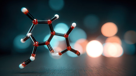 This image showcases a molecular structure composed of interconnected spheres and rods, set against a dark backdrop. The structure is rendered with a glossy appearance, highlighting the connection points. A bokeh effect in the background adds depth. Suitable for scientific publications, educational materials, or use in technology-related projects.の素材